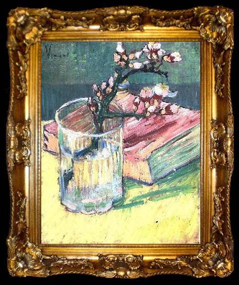 framed  Vincent Van Gogh Blossoming Almond Branch in a Glass with a Book, ta009-2